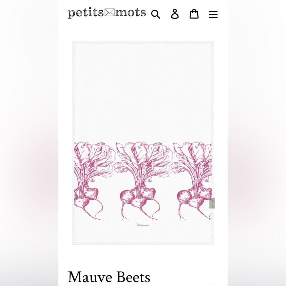 NIB Petits Mots Tea Towel ( Mauve Beets) Made in Canada